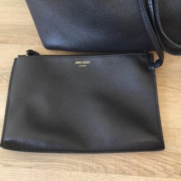 Jimmy Choo Black Grainy Leather Tote Bag Wristlet/Pouch & Dust Bag Made in Italy - Picture 3 of 16